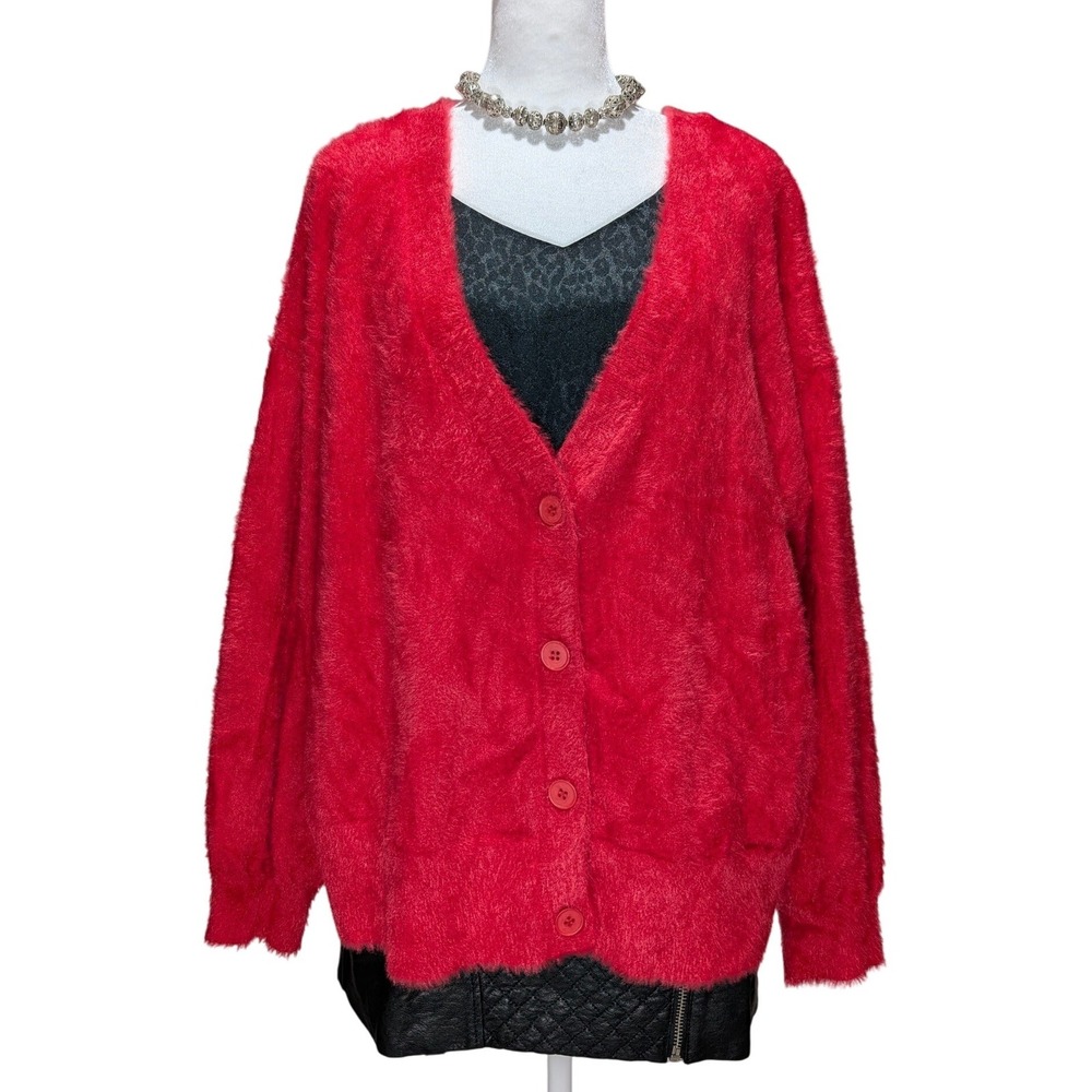 Abound Fuzzy Cozy Super Soft Glam Knit V-Neck Red Cardigan‎ Sweater XL
